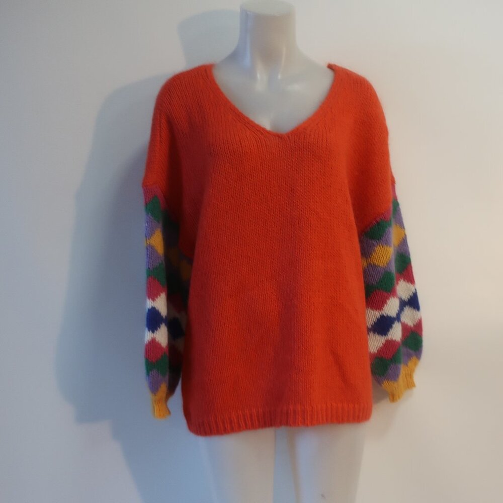 NWT Womens Me369 Noa Crochet Orange V-Neck Sweater W/Multi Color Sleeve XXS